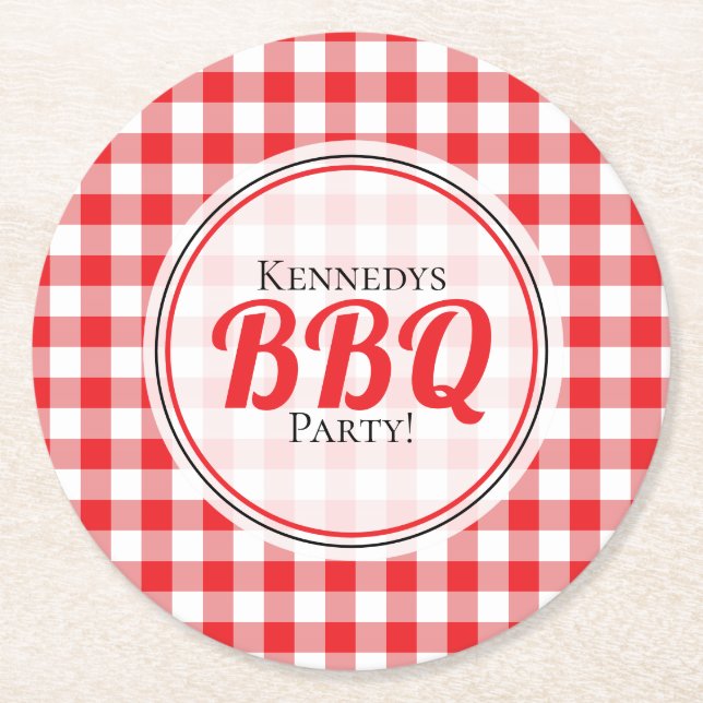Red White Gingham Pattern Family BBQ Round Paper Coaster (Front)