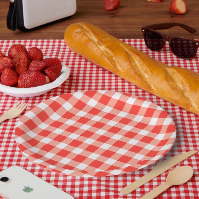 Red White Gingham Pattern Paper Plate (Picnic)