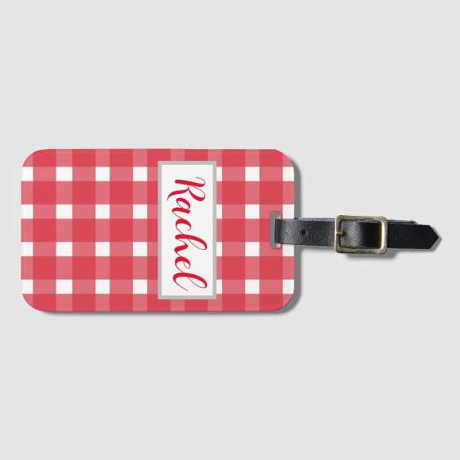 Red White Gingham Personalised Luggage Tag (Front Horizontal)