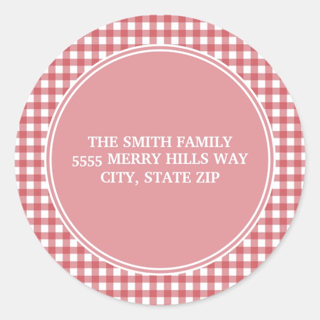 Red White Gingham Pink Return Address Classic Round Sticker (Front)