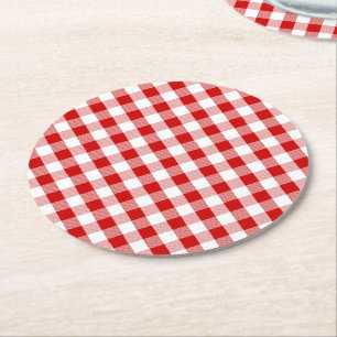 Red & White Gingham Plaid Checks Rustic Wedding Round Paper Coaster
