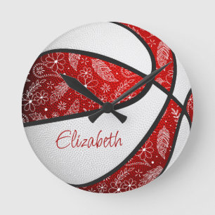red white girls boho feathers paislies basketball round clock