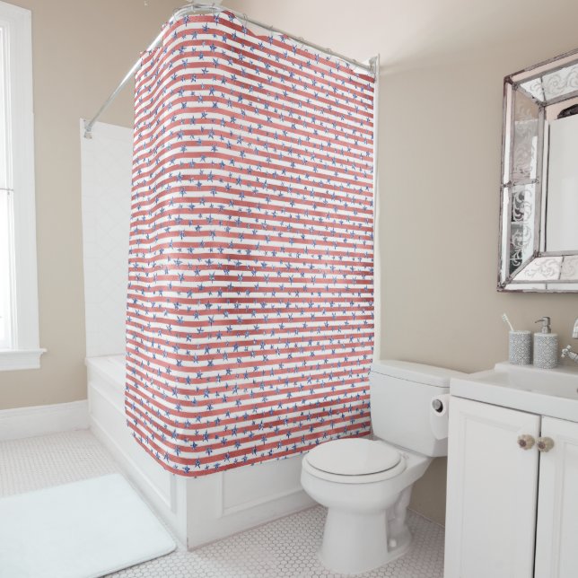 Red White Glitter Blue Stars Stripes Shower Curtain (In Situ)