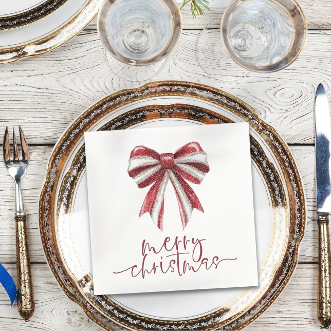 Red White Glitter Bow Merry Christmas Napkin (Creator Uploaded)