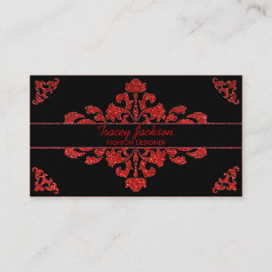 Red white glitter damask custom business cards