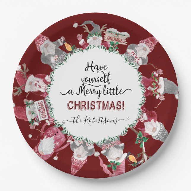 Red White Gnomes Merry Little Christmas Snowflakes Paper Plate (Front)