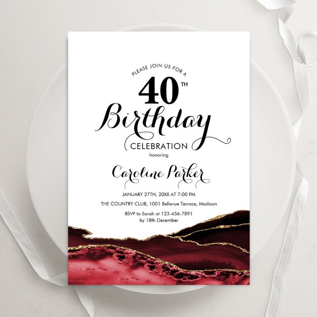 Red White Gold Agate 40th Birthday Invitation (Creator Uploaded)