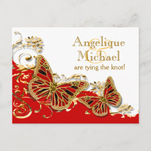 Red white gold butterfly wedding announcement postcard