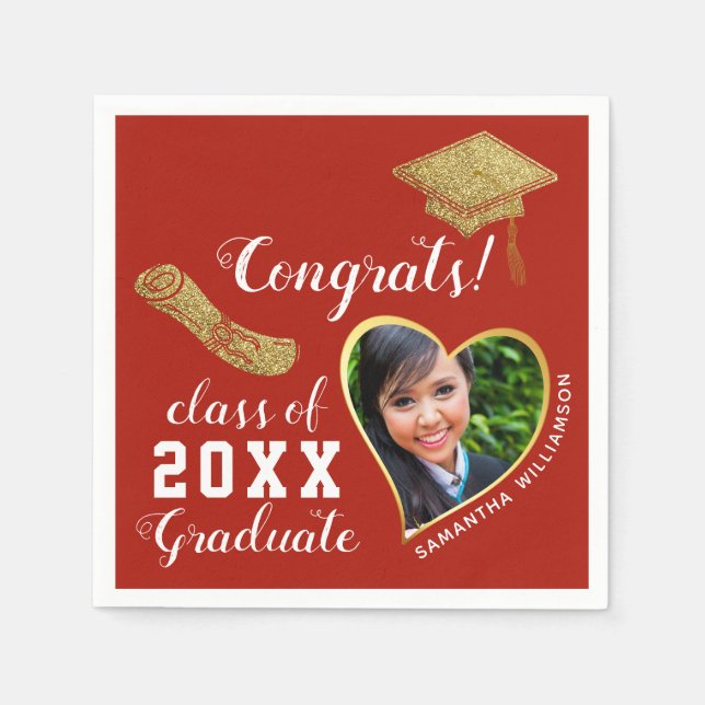 Red White Gold Class 2025 Grad Photo Graduation Napkin (Front)
