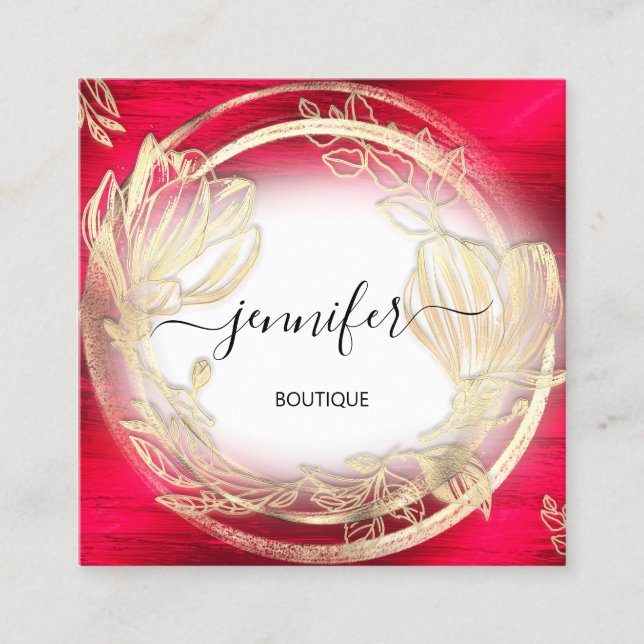 Red White Gold Floral Frame QRCode Logo  Square Business Card (Front)