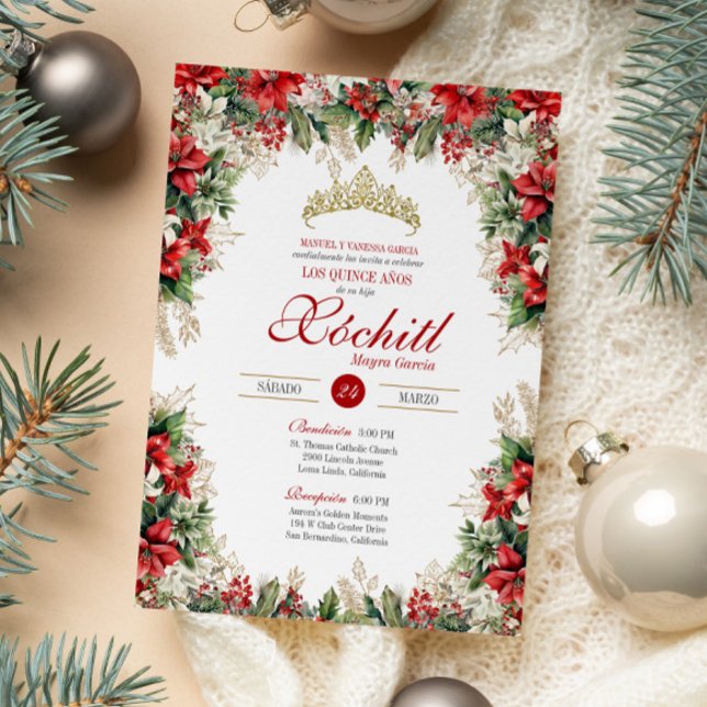 Red White Gold Holiday Floral Winter Quinceañera Invitation (Creator Uploaded)