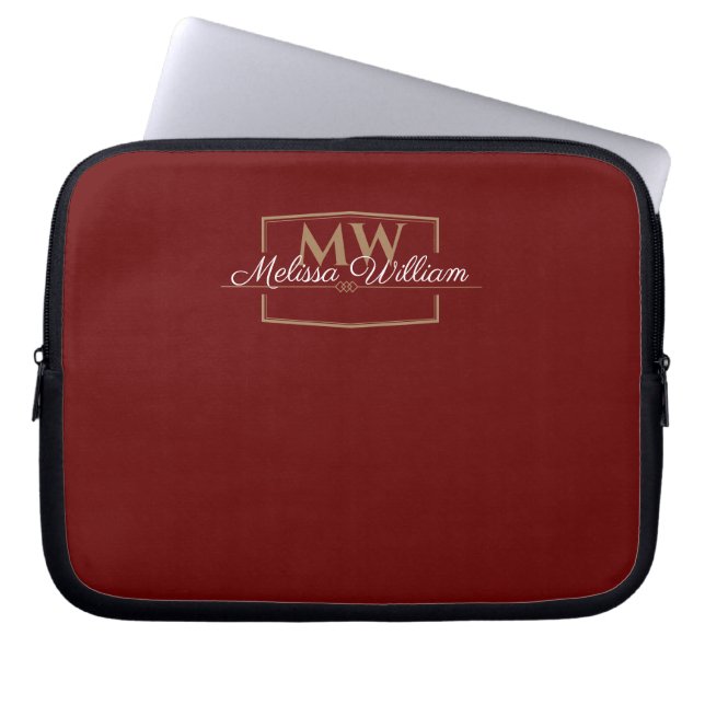 Red White Gold Monogram Name Script Laptop Sleeve (Front)
