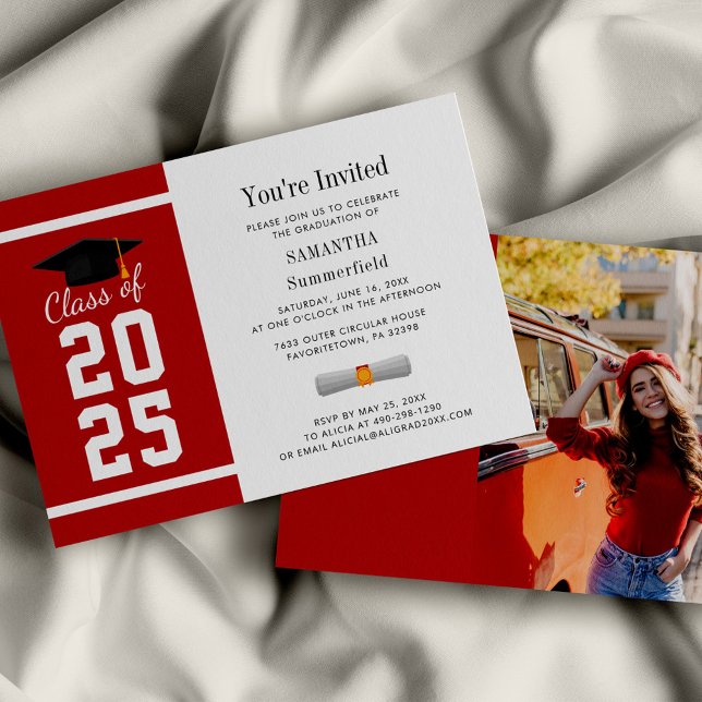 Red White Grad Photo Graduation 2026 Invitation (Graduation 2025 Photo Red and White Party Invitation)