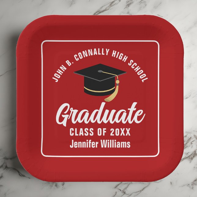 Red White Graduate 2025 Graduation Party Square Paper Plate (Creator Uploaded)