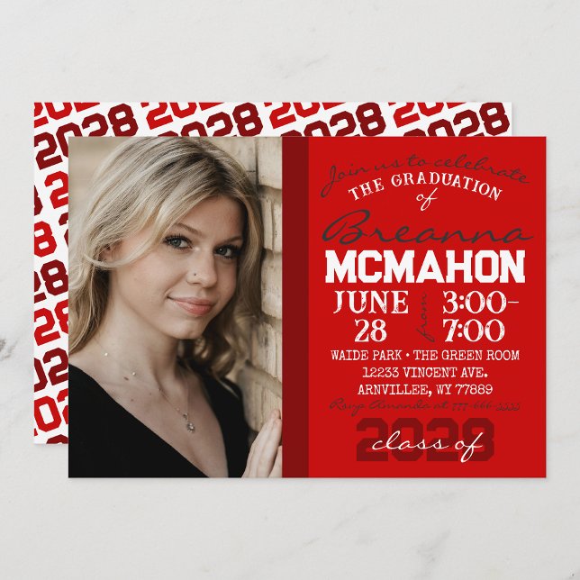 Red & White Graduation Photo Invitation ( Repeating Class Year 1 & 2 Photo Graduation Invitations & Announcements)
