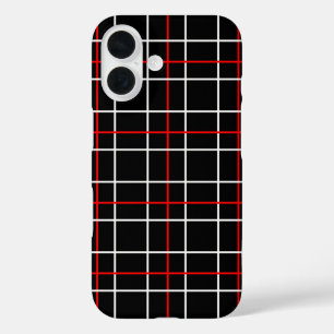 Red White Graphical Lines Black Plaid Design iPhone 16 Case