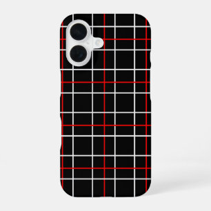 Red White Graphical Lines Black Plaid Design iPhone 16 Case