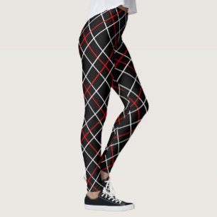 Red White Graphical Lines Black Plaid Design Leggings