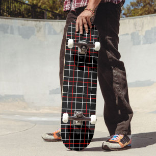 Red White Graphical Lines Black Plaid Design  Skateboard