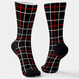 Red White Graphical Lines Black Plaid Design Socks