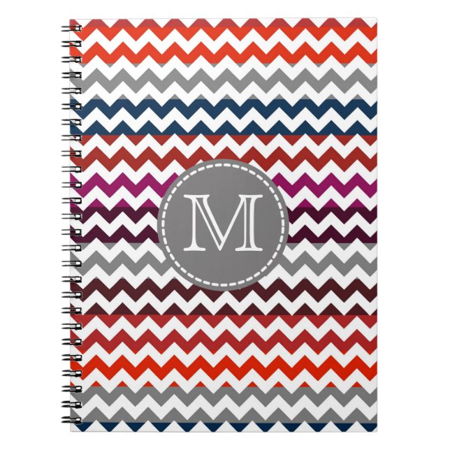 Red White Gray Chevron Zigzag Monogram Notebook (Front)