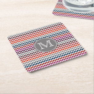 Red White Gray Chevron Zigzag Monogram Square Paper Coaster
