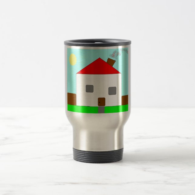 Red White Green Blue House Drawing, Art By Kids :) Travel Mug (Center)