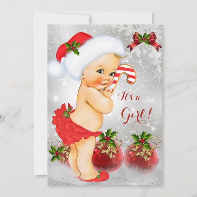 Red White Green Christmas Baby Shower Girl Blonde Invitation (Front)