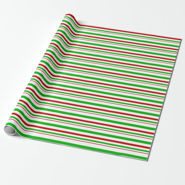 Red, White, Green Christmas Inspired Stripes Wrapping Paper (Unrolled)