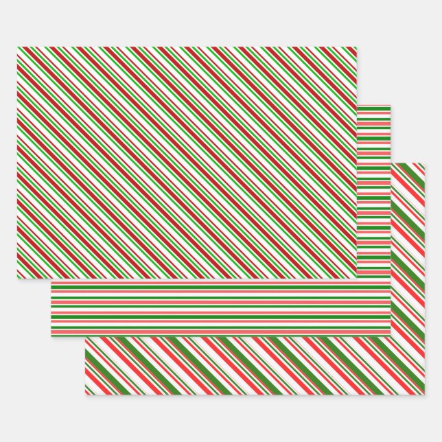 Red, White, Green Christmas-Inspired Stripes Wrapping Paper Sheet (Set)