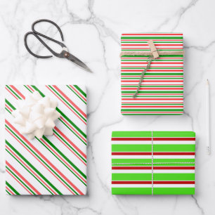 Red, White, Green Christmas Style Stripes Patterns Wrapping Paper Sheet