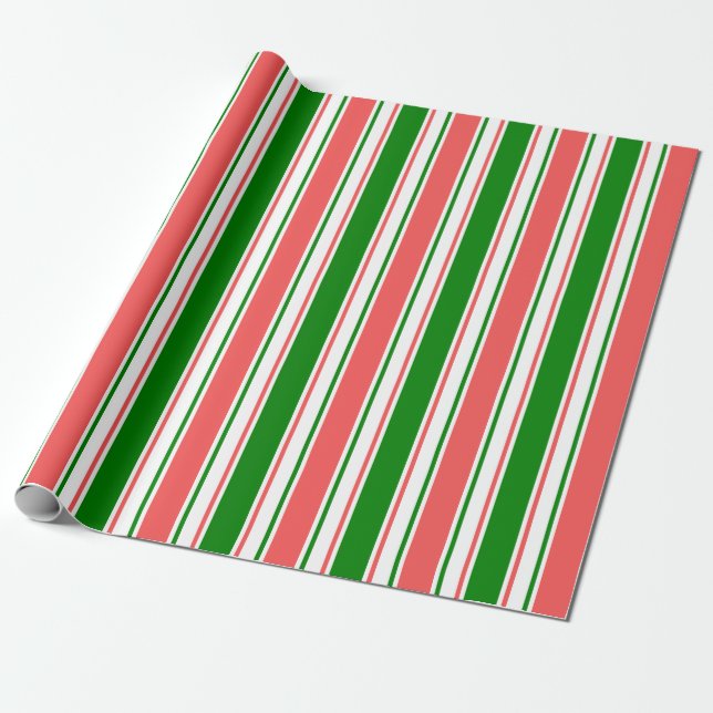 Red, White, Green Coloured Christmas-Style Lines Wrapping Paper (Unrolled)