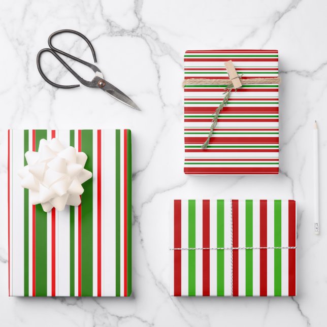 Red, White, Green Coloured Christmas Style Lines Wrapping Paper Sheet (Front)