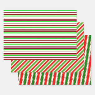 Red, White, Green Coloured Christmas Style Lines Wrapping Paper Sheet