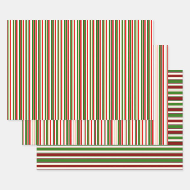 Red, White, Green Coloured Christmas-Style Stripes Wrapping Paper Sheet (Set)