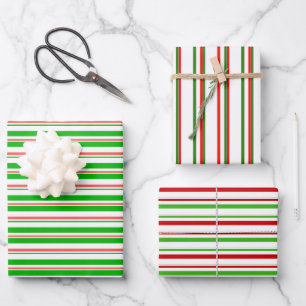 Red, White, Green Coloured Christmas Style Stripes Wrapping Paper Sheet