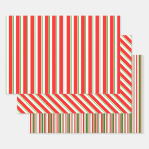 Red, White, Green Coloured Christmas Themed Lines Wrapping Paper Sheet
