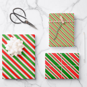 Red, White, Green Coloured Christmas Themed Lines Wrapping Paper Sheet