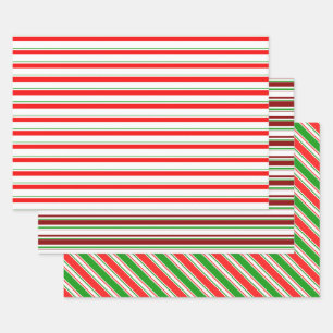 Red, White, Green Coloured Christmas Themed Lines Wrapping Paper Sheet