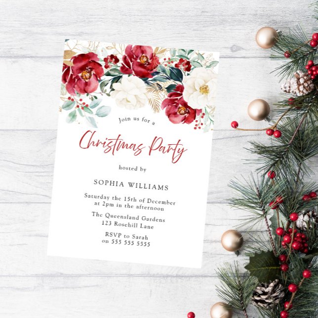 Red White Green Floral Family Christmas Party Invitation (Creator Uploaded)