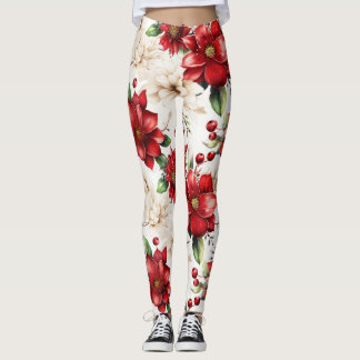Red White Green Floral Patterns Elegant Large Chic Leggings