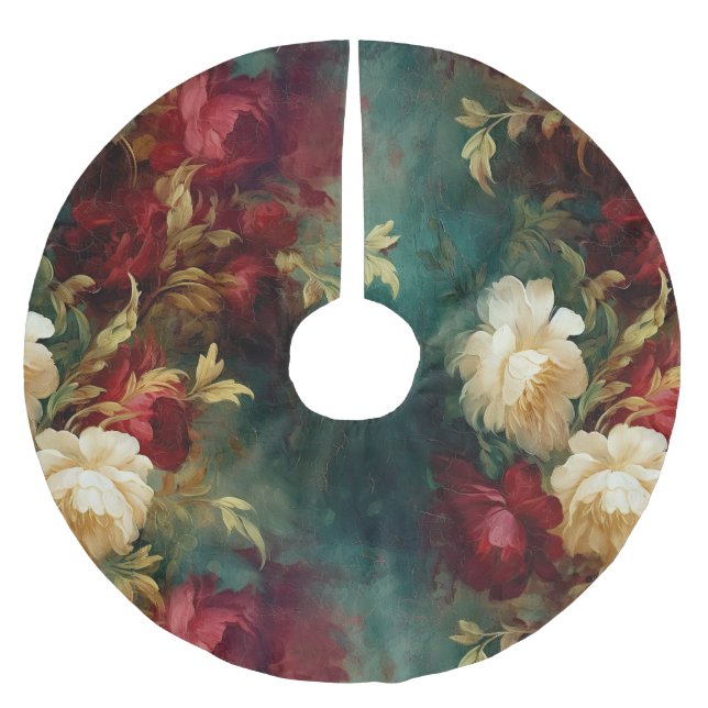 Red White Green Flowers Brushed Polyester Tree Skirt (Front)