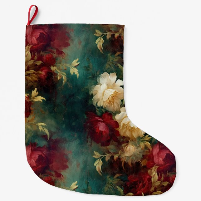 Red White Green Flowers Large Christmas Stocking (Front)