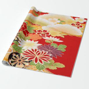 Red White Green Japanese Kimono Floral Decoupage  Wrapping Paper