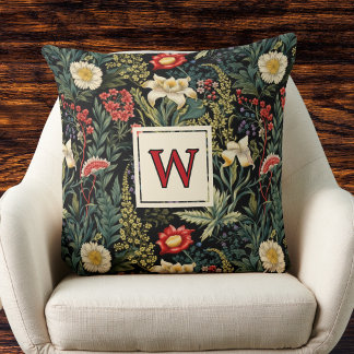 Red White Green Lilies Dahlias Floral Monogram Cushion