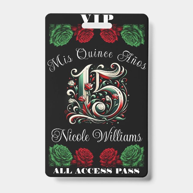Red White Green Mis Quince Anos 15 Quinceañera VIP ID Badge (Front)