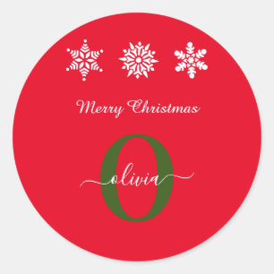 Red White Green Monogram Script Merry Christmas Classic Round Sticker