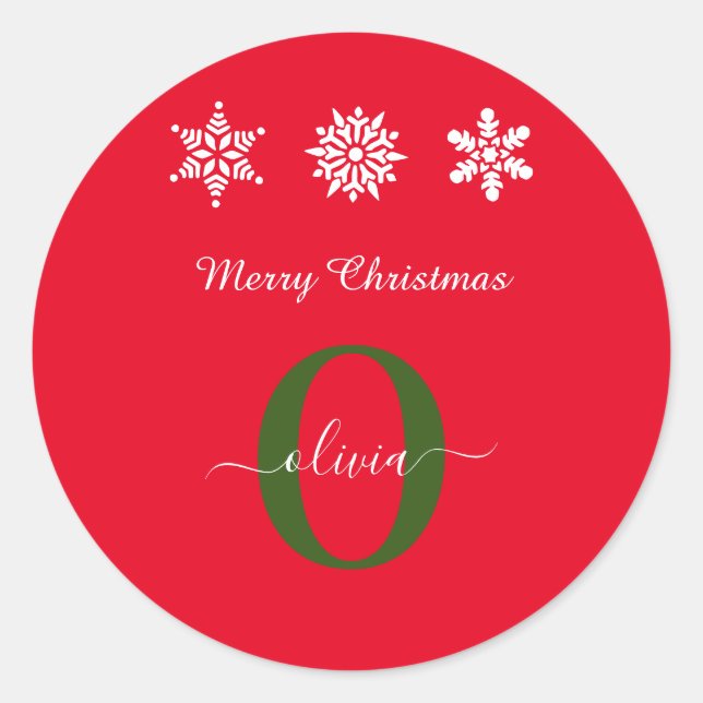 Red White Green Monogram Script Merry Christmas Classic Round Sticker (Front)