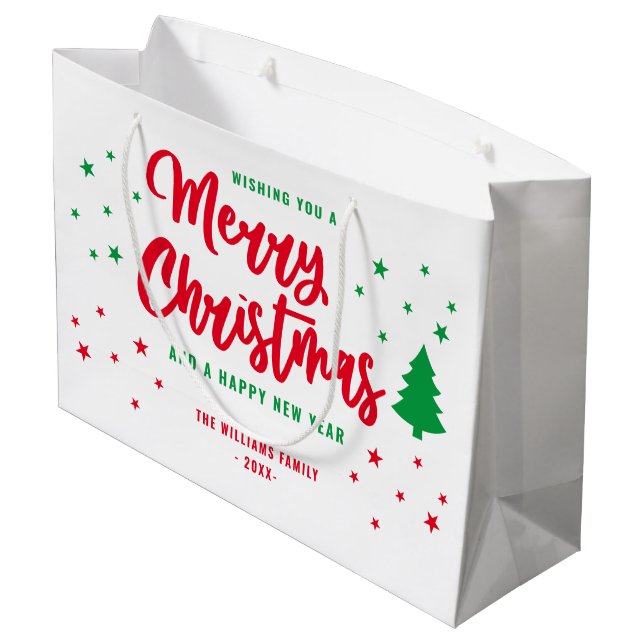 Red White Green Non Photo Family Merry Christmas Large Gift Bag (Back Angled)
