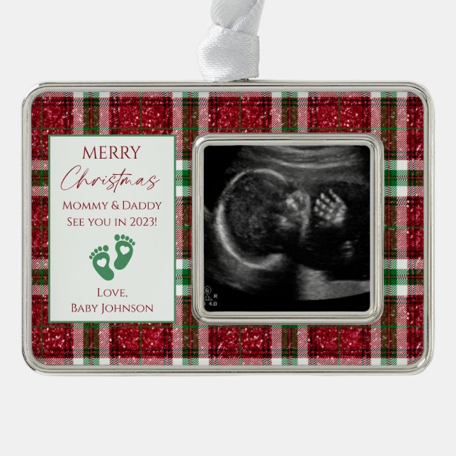 Red White & Green Plaid New Baby Ultrasound Photo Silver Plated Framed Ornament (Front)
